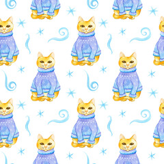 Watercolor seamless pattern: cute cat in sweater, snowflake, snow. Art.Cozy winter hand drawn illustration for design wrapping, textile, card, print, fabric, Christmas decoration, digital paper