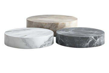 Empty podium circle marble black, grey, white slab stacked isolated on cut out PNG or transparent background. Perspective of sheet floor stone rough marble for interior display show products.