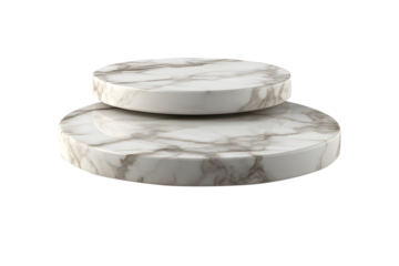 Empty podium circle marble black, grey, white slab stacked isolated on cut out PNG or transparent background. Perspective of sheet floor stone rough marble for interior display show products.