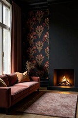 Fototapeta premium Relaxing Evening by a Cozy Fireplace in a Room with Dark Walls and Floral Wallpaper