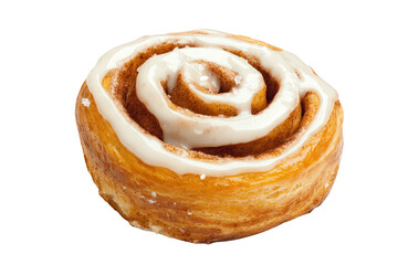 A deliciously swirled cinnamon roll topped with creamy icing, Transparent background.