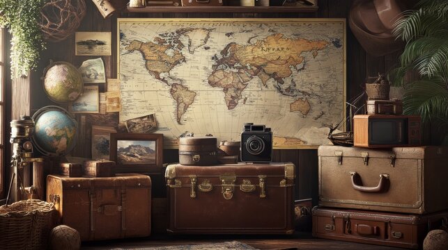 Create a beautiful, travel-themed image that captures the essence of exploring new destinations. The scene should evoke a sense of adventure and wanderlust, with elements like a world map, vintage