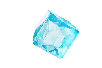 Blue clear Ice cubes geometric shape floating in air isolated on cut out PNG or transparent background. Make drinks cool. Solid state of water in form of water crystals. Artificial acrylic ice cubes.