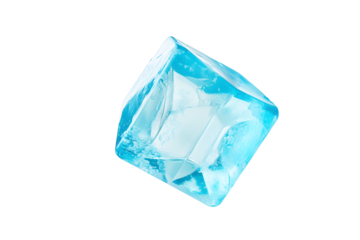 Blue clear Ice cubes geometric shape floating in air isolated on cut out PNG or transparent background. Make drinks cool. Solid state of water in form of water crystals. Artificial acrylic ice cubes.