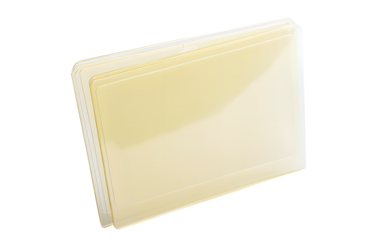 Minimalist light yellow of transparent plastic file folder designed for office documents placed isolated on cut out PNG or transparent background. Clear L-type plastic folders. Emphasizing simplicity