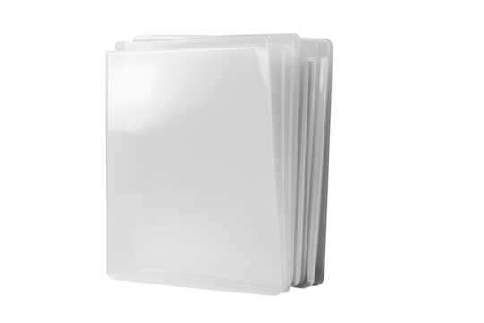 Minimalist light white of transparent white plastic file folder designed for office documents isolated on cut out PNG or transparent background. Clear L-type plastic folders. Emphasizing simplicity	