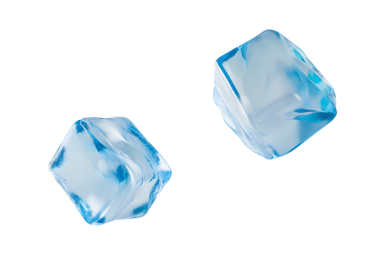 Blue clear Ice cubes geometric shape floating in air. Make drinks cool. Solid state of water in form of water crystals. Artificial acrylic ice cubes. Isolated on cut out PNG or transparent background.