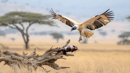 Naklejka premium A vulture with its wings outstretched soaring and descending onto a carcass lying in the middle of a dry arid savanna landscape with tall grass and scattered trees on the horizon