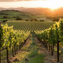 Fototapeta premium Vineyard Rows at Sunset