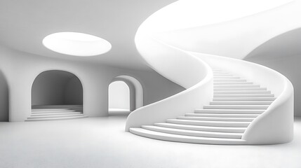 Modern spiral staircase, bright white interior, architectural design, ideal for use in design publications
