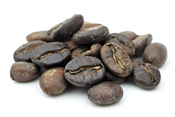 Obraz premium Taken with macro lens pile roasted Arabica coffee beans dark brown on white background with light and shadow. Black surface, highlighting rich textures colors. Drink made from seeds contains caffeine.