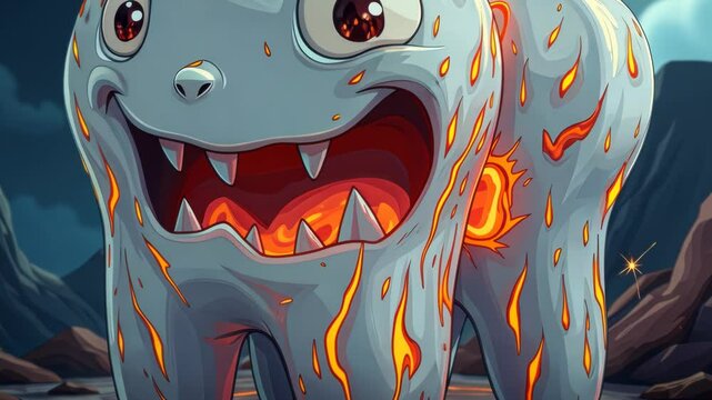  Animated Tooth Character with Fire and Lava in Volcanic Eruption