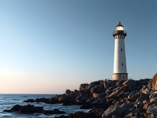 "Illuminated Lighthouse on Rocky Shoreline at Twilight with Calm Sea in Background - Scenic Coastal Landscape"