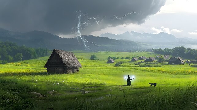 A young wizard casting a powerful protective spell over a remote rural village as a dramatic magical storm rages in the sky above with lightning bolts illuminating the dark moody landscape