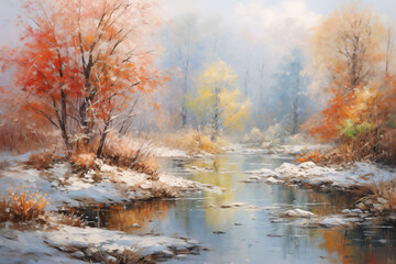 Naklejka premium Autumn landscape with first frost on bright leaves generative ai