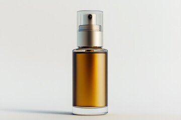 Fototapeta premium Metallic cosmetic spray bottle gold luxurious mockup on white background. For aerosol, foam or deodorant tall or body spray. Cleaning agent hand hygiene liquid soap.