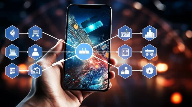 Mobile payments, person using mobile payments online shopping on a night background, Everything on the screen and a credit card, scheme