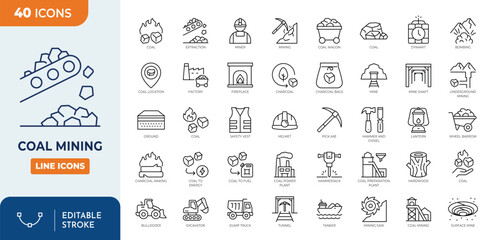 Coal Mining icon set. Containing coal, mining, charcoal, factory, extraction, fuel, grill, excavator, wood, miner, cave, and more. Outline Icon Collection. Vector illustration. Editable stroke	