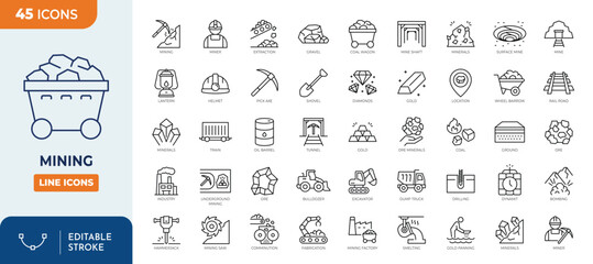 Mining icon set. Containing minerals, gold, pickaxe, miner, excavator, diamond, coal wagon,  gold panning, and more. Outline Icon Collection. Vector illustration. Editable stroke  © Cetacons