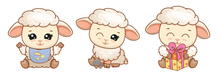 Set of adorable funny sheep. Baby in bib, baby with toy and baby with gift. Vector illustration for poster, greeting card and design for kids.