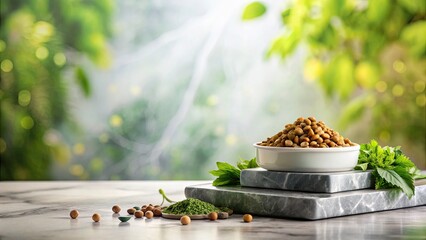 Pet Food Photography: Bokeh, Layered Marble Composition, Earthy Tones, Fresh Splash