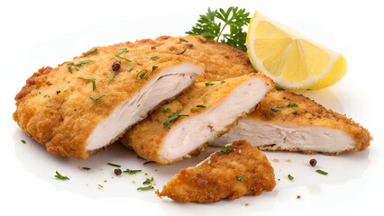 Golden, crispy sliced chicken schnitzel with tender, juicy meat inside, perfectly fried and isolated on a white background.