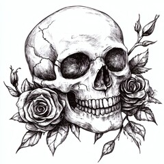 Obraz premium Skull with roses in engraving or woodcut style