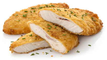 Golden, crispy sliced chicken schnitzel with tender, juicy meat inside, perfectly fried and isolated on a white background.