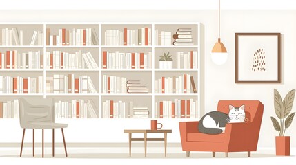 Cozy and Inviting Vintage Inspired Home Library Scene with Bookshelves Armchair and Curled Up Cat Enjoying the Warm Lighting and Atmosphere