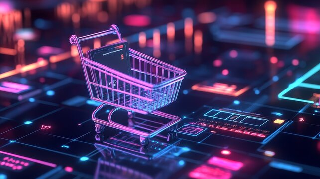 3D concept of e-commerce featuring a shopping cart, credit card, and digital transaction icons. Singles' Day. Black Friday. Cyber Monday