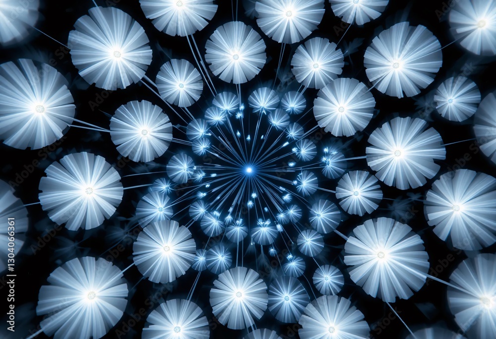Fototapete Abstract Blue Floral Burst. Radiant Light Emanates From A Central Point. Creating A Mesmerizing Cosmic Effect. Visual Depth And Smooth Gradients Enhance This Underwater Aesthetic.