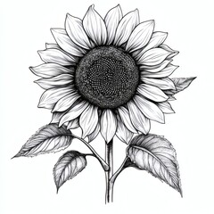 Sunflower with leaves in engraving style