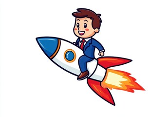 Pixel Art Businessman Riding a Rocket to Success