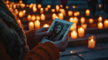 A mother’s hands cradling a photo of her disappeared child, candles flickering at a government building’s steps.