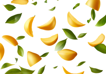  Falling mango slices with green leaves, isolated on a transparent background.