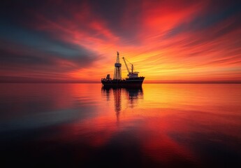 Obraz premium A breathtaking view of a fishing vessel silhouetted against a stunning twilight sky filled with vibrant colors and calm water reflections at sunset