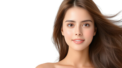 Fototapeta premium Radiant woman with long, flowing brown hair, a studio portrait capturing natural beauty