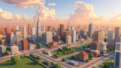 Idyllic Sunset Over a Modern Metropolis Panoramic Cityscape View