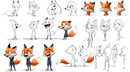 Detailed character design sheet showcasing a mischievous fox character in a variety of dynamic poses and expressive facial expressions  rendered in a style
