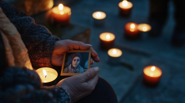 A grieving mother holding a photo of her missing child, candles flickering on the steps of a government building