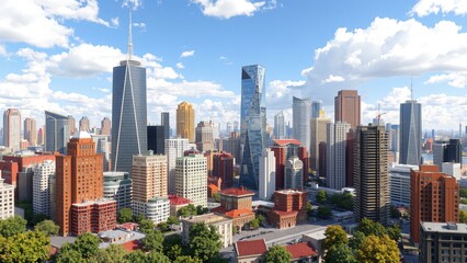 Panoramic View of Modern City Skyline with Skyscrapers and Blue Sky