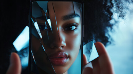 A teen’s phone bombarded with body-shaming comments, their reflection fractured in a black mirror.