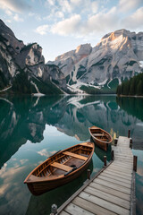 A serene and picturesque scene of a calm lake surrounded by majestic mountains