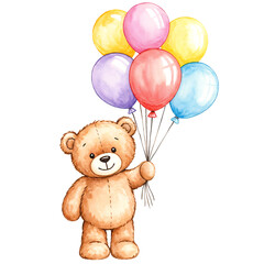 Watercolor cute bear with balloons Isolated on White Background, kids illustration . Generative AI