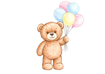 Watercolor cute bear with balloons Isolated on White Background, kids illustration . Generative AI