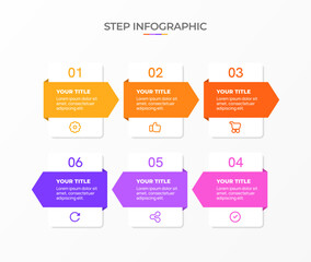 Infographic template. 6 Step timeline journey, Flat simple infographics design template. Presentation graph. Business concept with icon 6 options or steps. Background vector illustration.