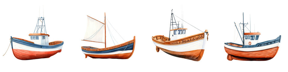 Colorful Vintage Fishing Boats in Various Designs and Styles
