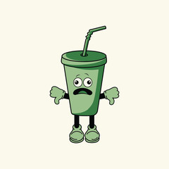 green plastic cup character vector illustration with sad expression. Cream background