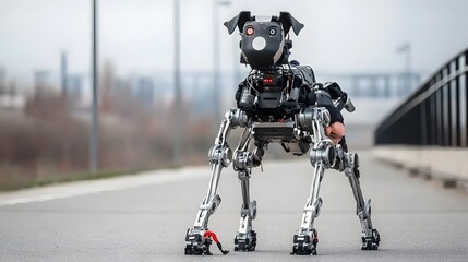 Futuristic bipedal robot dog rescues a human from a collapsing bridge in a dystopian urban landscape