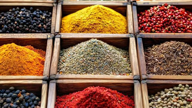 Colorful Spices in Wooden Boxes on Market Stall